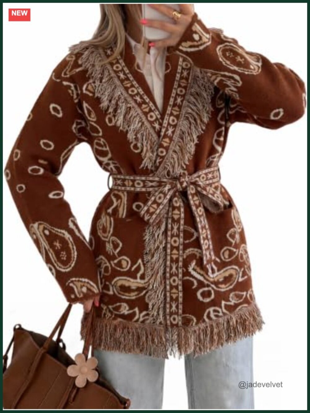Womens Fringe Cardigan Long Sleeve Paisley Sweater with Belt